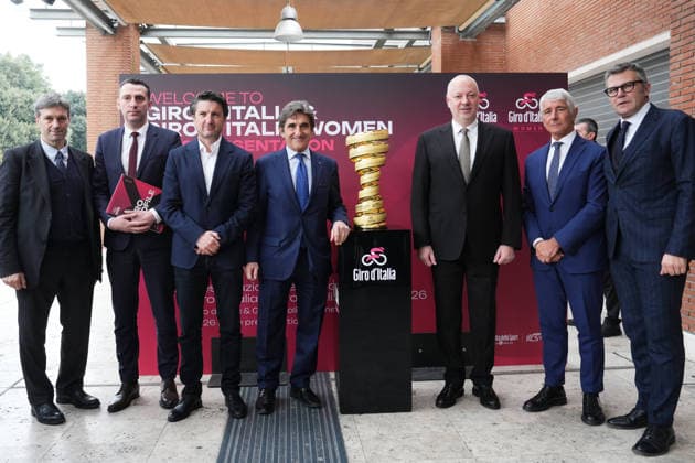 Matteo Zoppas, Ivan Peshev, Miroslav Borshosh, Urbano Cairo, Rosen Zhelyazkov, Andrea Abodi, Paolo Bellino all International Bike Economy Forum before to the presentation of the 2026 Giro d Italia and 2026 Giro d Italia Women in Rome, Monday, December 1, 2025. Sports, cycling Copyright: xMassimoxPaolone LaPressex