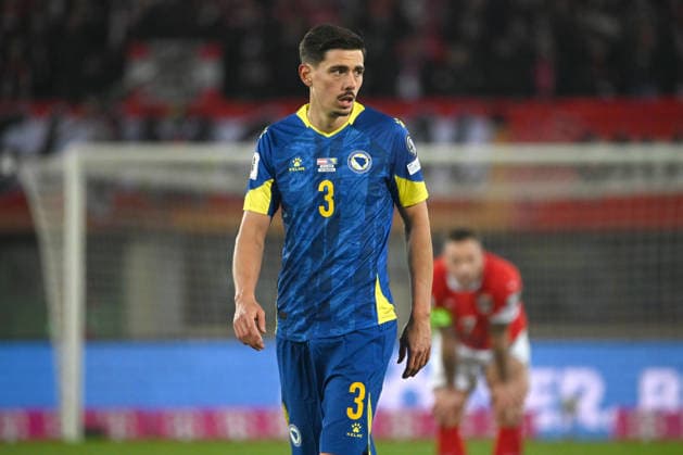 DENNIS HADZIKADUNIC, Bosnia ed Erzegovina, World Cup 2026 Qualyfing, Austria vs Bosnia and Herzegovina 1-1, 18-11-2025, Action, Azione, Contrasto, Close up QUALIFICAZIONI MONDIALI 2026 AUSTRIA-BOSNIA ED ERZEGOVINA 1-1