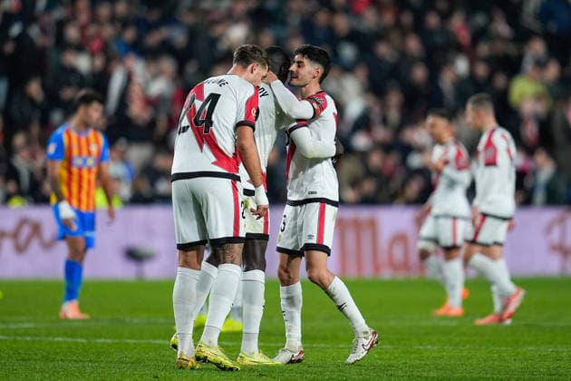 December 1, 2025, Madrid, Madrid, Spain: Nobel Mendy of Rayo Vallecano celebrates a goal with teammates during the Spanish League, LaLiga EA Sports, football match played between Rayo Vallecano and Valencia CF at Estadio de Vallecas on December 01, 2025, in Madrid, Spain. Madrid Spain - ZUMAa181 20251201_zaa_a181_149 Copyright: xDennisxAgyemanx
