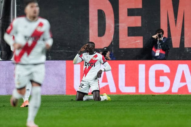 December 1, 2025, Madrid, Madrid, Spain: Nobel Mendy of Rayo Vallecano celebrates a goal during the Spanish League, LaLiga EA Sports, football match played between Rayo Vallecano and Valencia CF at Estadio de Vallecas on December 01, 2025, in Madrid, Spain. Madrid Spain - ZUMAa181 20251201_zaa_a181_158 Copyright: xDennisxAgyemanx