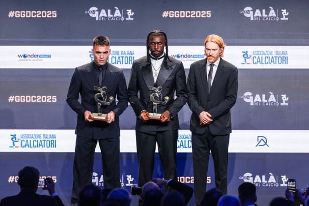 (L-R) Lautaro Martinez of FC Internazionale and Moise Kean of ACF Fiorentina receive the award as Best Striker of Season 2024-2025 during the Gran Galà del Calcio 2025 Oscar del Calcio Awards AIC at Spazio Antologico East End Studios in Milan Milan Italy Copyright: xBEAUTIFULxSPORTS Carabellix