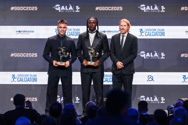 (L-R) Lautaro Martinez of FC Internazionale and Moise Kean of ACF Fiorentina receive the award as Best Striker of Season 2024-2025 during the Gran Galà del Calcio 2025 Oscar del Calcio Awards AIC at Spazio Antologico East End Studios in Milan Milan Italy Copyright: xBEAUTIFULxSPORTS Carabellix