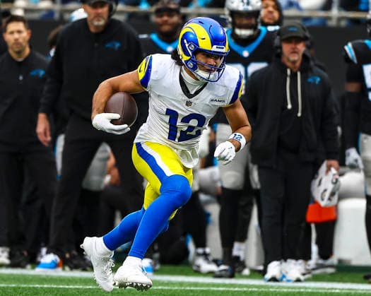November 30, 2025: Los Angeles wide receiver Puka Nacua (12) runs after making catch. NFL, American Football Herren, USA football game between Los Angeles Rams and Carolina Panthers at Bank of America Stadium, Charlotte , North Carolina. CSM Charlotte United States of America - ZUMAc04_ 20251130_zma_c04_363 Copyright: xDavidxBeachx