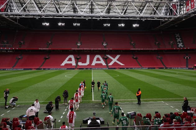 Players entering empty stadium during the match AFC Ajax Amsterdam vs FC Groningen at the Johan Cruijff ArenA for the Dutch Vriendenloterij Eredivisie season 2025-2026 in AMSTERDAM, Netherlands on 1 december 2025, (photo by Peter Lous EYE4images DeFodi Images)