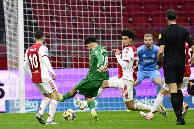 AMSTERDAM (l-r) Thom van Bergen of FC Groningen, Aaron Bouwman of AFC Ajax during the remainder of the Dutch Eredivisie match between AFC Ajax and FC Groningen at the Johan Cruijff ArenA, without an audience, on December 2, 2025, in Amsterdam, Netherlands. The match was abandoned after supporters set off fireworks twice. ANP OLAF KRAAK Eredivisie 2025-2026 xVIxANPxSportx xxANPxIVx 543673549 originalFilename: 543673549.jpg