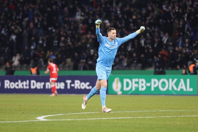 02.12.2025, xrekx, Fussball DFB Pokal 1 8 Finale, Hertha BSC Berlin - 1.FC Kaiserslautern v.l. Torjubel nach dem Tor zum celebrating the goal celebrate 1:0 durch Luca Schuler (Hertha BSC) Tjark Ernst (Hertha BSC) (DFL DFB REGULATIONS PROHIBIT ANY USE OF PHOTOGRAPHS as IMAGE SEQUENCES and or QUASI-VIDEO) Berlin