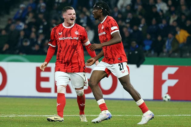 02.12.2025, xrekx, Fussball DFB Pokal 1 8 Finale, Hertha BSC Berlin - 1.FC Kaiserslautern v.l. Torjubel nach dem Tor zum celebrating the goal celebrate 3:1 durch Marlon Ritter (1.FC Kaiserslautern) (DFL DFB REGULATIONS PROHIBIT ANY USE OF PHOTOGRAPHS as IMAGE SEQUENCES and or QUASI-VIDEO) Berlin