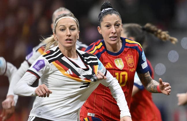 Spain v Germany - UEFA Women s Nations League 2025 Final Second Leg MADRID, SPAIN - DECEMBER 02: Kathrin-Julia Hendrich (L) of Germany competes for the ball with Jenifer Hermoso (R) of Spain during the UEFA Women s Nations League 2025 final second leg match between Spain and Germany at Estadio Metropolitano on December 02, 2025 in Madrid, Spain. Burak Akbulut Anadolu Madrid Spain. Editorial use only. Please get in touch for any other usage.  Copyright: x2025xAnadoluxBurakxAkbulutx