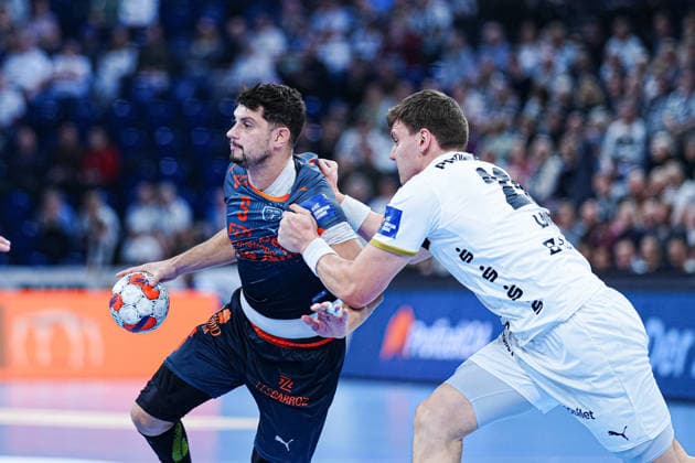 Kyllian Villeminot (Montpellier Handball, 05), Lucas Laube (THW Kiel, 20) GER, THW Kiel vs. Montpellier Handball, Handball, EHF European League, Spieltag 6, Saison 2025 2026, 02.12.2025 GER, THW Kiel vs. Montpellier Handball, Handball, EHF European League, Spieltag 6, Saison 2025 2026, 02.12.2025 Kiel Copyright: xEibner-Pressefoto MarcelxvonxFehrnx EP_MFN