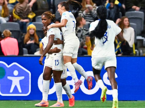 France s Kelly Gago celebrates her goal, 2-2, with her teammates during extra time in the Nations League bronze medal match between Sweden and France at 3Arena, Stockholm, Sweden December 2, 2025. STOCKHOLM SWEDEN x10030x