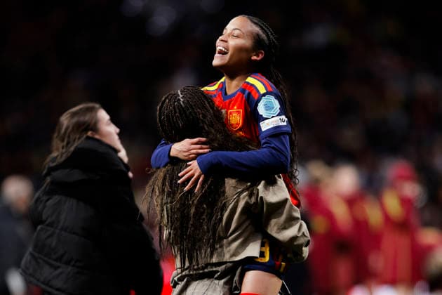 UEFA Women s Nations League final - Spain vs Germany MADRID,SPAIN - 2 December:Vicky Lopez of Spain and Salma Paralluelo celebrates a victory during the UEFA Women s Nations League final 2025 26 second leg match between Spain and Germany at Riyadh Air Metropolitano Stadium. (Photo by Guille Martinez f22photo) Madrid Riyadh Air Metropolitano Stadium Spain Copyright: xGuillermoxMartinezx