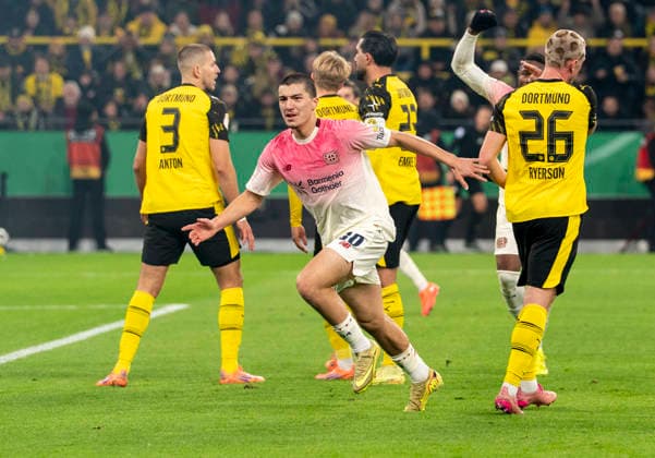 Ibrahim MAZA (Bayer 04 Leverkusen, 30) Jubel nach dem Tor zum 0-1! Celebrate his Goal. Borussia Dortmund - Bayer Leverkusen, DFB Pokal Achtelfinale (Round of 16) in Dortmund, Signal Iduna Park DFL regulations prohibit any use of photographs as image sequences and or quasi-video. Copyright: HMBxMedia xMarcoxBader