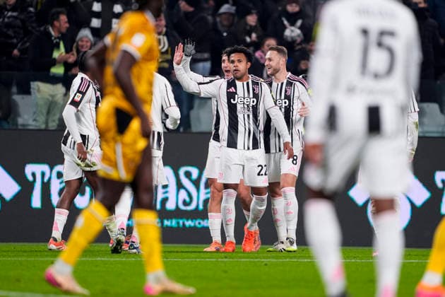 Juventus™s player celebrates after scoring the 1-0 goal for his team after Udinese s Matteo Palma own goal during the round of 16 Frecciarossa Italian Cup 2025 2026 soccer match between Juventus Fc and Udinese at Juventus Stadium in Turin, North Italy , December 2, 2025. - Soccer  Copyright: xFabioxFerrari LaPressex