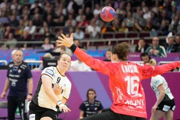 Lisa Antl (Germany) und goalkeeper Gylta A Neystabo (Faroe Islands) battle for the ball during the 27th IHF Women s Handball World Championship, WM, Weltmeisterschaft - Main Round match between Germany and Faroe Islands at Westfalenhalle on December 2, 2025 in Dortmund, Germany. (Photo by Alex Gottschalk DeFodi Images)