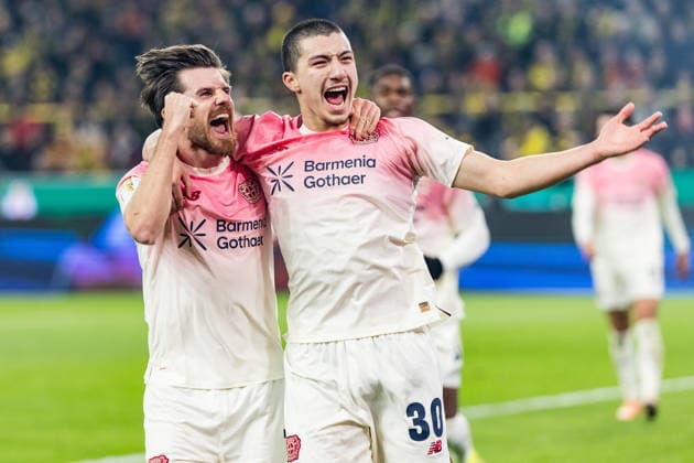 DORTMUND, GERMANY - DECEMBER 2: Ibrahim Maza (Bayer 04 Leverkusen, 30) celebrates the 0:1 goal with Jonas Hofmann (Bayer 04 Leverkusen,7) during the DFB Pokal Round of 16 match between Borussia Dortmund vs. Bayer 04 Leverkusen at Signal Iduna Park on Round of Sixteen of the DFB Pokal on December 2, 2025 in Dortmund, Germany. DFB REGULATIONS PROHIBIT ANY USE OF PHOTOGRAPHS AS IMAGE SEQUENCES AND OR QUASI-VIDEO. North Rhine Westphalia Germany Copyright: xBEAUTIFULxSPORTS Wunderlx