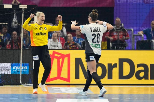 goalkeeper Katharina Filter (Germany) und Emily Vogel (Germany) gestures during the 27th IHF Women s Handball World Championship, WM, Weltmeisterschaft - Main Round match between Germany and Faroe Islands at Westfalenhalle on December 2, 2025 in Dortmund, Germany. (Photo by Alex Gottschalk DeFodi Images)