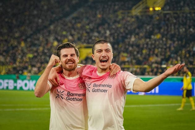 Deutschland: Fussball DFB-Pokal 2025 26, Achtelfinale - Borussia Dortmund vs Bayer 04 Leverkusen - Signal-Iduna-Park (Dortmund): Tor und Torjubel zum 0:1 durch Ibrahim Maza (Bayer Leverkusen, 30) Freude, Emotionen, Jubel Dortmund Nordrhein-Westfalen Deutschland Copyright: xJOERANxSTEINSIEKx