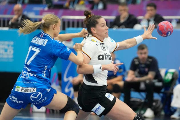 Liv Zachariasen (Faroe Islands) und Emily Vogel (Germany) battle for the ball during the 27th IHF Women s Handball World Championship, WM, Weltmeisterschaft - Main Round match between Germany and Faroe Islands at Westfalenhalle on December 2, 2025 in Dortmund, Germany. (Photo by Alex Gottschalk DeFodi Images)