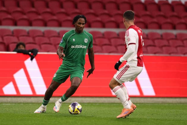 Tyrique Mercera of FC Groningen during the match AFC Ajax Amsterdam vs FC Groningen at the Johan Cruijff ArenA for the Dutch Vriendenloterij Eredivisie season 2025-2026 in AMSTERDAM, Netherlands on 1 december 2025, (photo by Peter Lous EYE4images DeFodi Images)