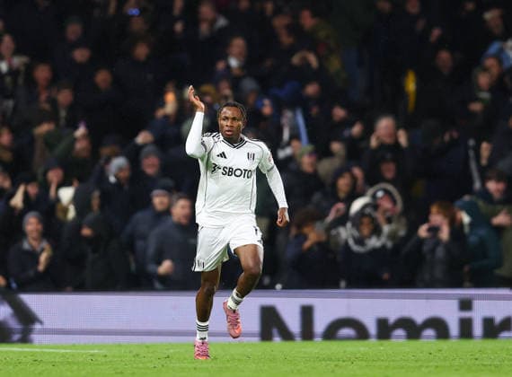 London, England, 2nd December 2025. Samuel Chukwueze of Fulham (l) celebrates scoring their fourth goal during the Fulham vs Manchester City Premier League match at Craven Cottage, London. Picture credit should read: Paul Terry Sportimage EDITORIAL USE ONLY. No use with unauthorised audio, video, data, fixture lists, club league logos or live services. Online in-match use limited to 120 images, no video emulation. No use in betting, games or single club league player publications. SPI_055_PT_Fulham_Man_City SPI-4339-0053