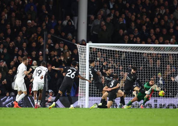 London, England, 2nd December 2025. Samuel Chukwueze of Fulham scoring their fourth goal during the Fulham vs Manchester City Premier League match at Craven Cottage, London. Picture credit should read: Paul Terry Sportimage EDITORIAL USE ONLY. No use with unauthorised audio, video, data, fixture lists, club league logos or live services. Online in-match use limited to 120 images, no video emulation. No use in betting, games or single club league player publications. SPI_058_PT_Fulham_Man_City SPI-4339-0056