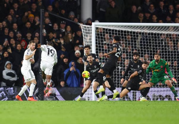 London, England, 2nd December 2025. Samuel Chukwueze of Fulham scoring their fourth goal during the Fulham vs Manchester City Premier League match at Craven Cottage, London. Picture credit should read: Paul Terry Sportimage EDITORIAL USE ONLY. No use with unauthorised audio, video, data, fixture lists, club league logos or live services. Online in-match use limited to 120 images, no video emulation. No use in betting, games or single club league player publications. SPI_059_PT_Fulham_Man_City SPI-4339-0057