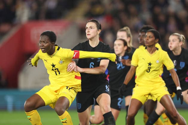 England v Ghana Women 02 December 2025, Southampton - International Football Friendly - England v Ghana Women - Lotte Wubben-Moy of England battles with Portia Boakye of Ghana - Photo: Charlotte Wilson Offside. Southampton UK Copyright: xCharlottexWilsonx xOffsidexOffside