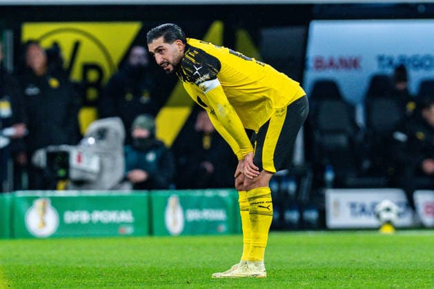 02.12.2025, Borussia Dortmund vs. Bayern 04 Leverkusen, DFB Pokal, Achtelfinale Emre Can (Borussia Dortmund, 23) enttäuscht unzufrieden unglücklich Wichtiger Hinweis: Gemaess den Vorgaben der DFL Deutsche Fussball Liga bzw. des DFB Deutscher Fussball-Bund ist es untersagt, in dem Stadion und oder vom Spiel angefertigte Fotoaufnahmen in Form von Sequenzbildern und oder videoaehnlichen Fotostrecken zu verwerten Copyright: xBahhoxKarax