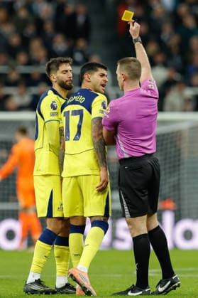 Newcastle United v Tottenham Hotspur Premier League 02 12 2025. Referee Tom Bramall shows Rodrigo Bentancur of Tottenham Hotspur a yellow card during the Premier League match between Newcastle United and Tottenham Hotspur at St. James s Park, Newcastle, England on 2 December 2025. Newcastle St. James s Park Tyne and Wear England Editorial use only DataCo restrictions apply See www.football-dataco.com , Copyright: xCraigxCowanx PSI-23316-0098