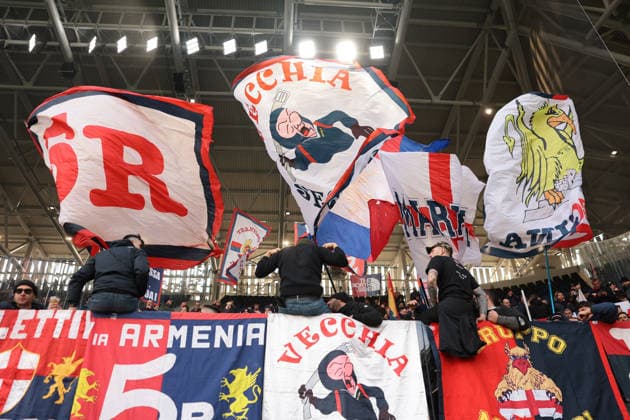 Bergamo, Italy, 3rd December 2025. Genoa fans prior to the Atalanta vs Genoa Coppa Italia match at New Balance Arena, Bergamo. Picture credit should read: Jonathan Moscrop Sportimage EDITORIAL USE ONLY. No use with unauthorised audio, video, data, fixture lists, club league logos or live services. Online in-match use limited to 120 images, no video emulation. No use in betting, games or single club league player publications. SPI_002_JM_ATALANTA_GENOA_CI SPI-4320-0002