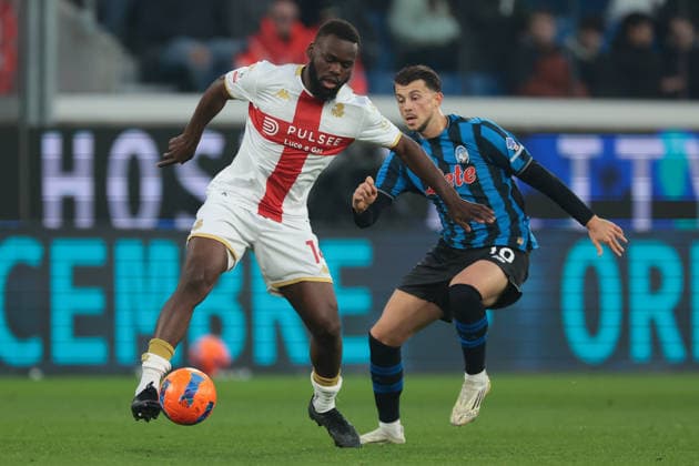 Bergamo, Italy, 3rd December 2025. Jean Onana of Genoa CFC shields the ball from Lazar Samardzic of Atalanta during the Atalanta vs Genoa Coppa Italia match at New Balance Arena, Bergamo. Picture credit should read: Jonathan Moscrop Sportimage EDITORIAL USE ONLY. No use with unauthorised audio, video, data, fixture lists, club league logos or live services. Online in-match use limited to 120 images, no video emulation. No use in betting, games or single club league player publications. SPI_088_JM_ATALANTA_GENOA_CI SPI-4320-0088
