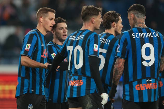 Bergamo, Italy, 3rd December 2025. Mario Pasalic of Atalanta celebrates with team mates after scoring to give the side a 3-0 lead during the Atalanta vs Genoa Coppa Italia match at New Balance Arena, Bergamo. Picture credit should read: Jonathan Moscrop Sportimage EDITORIAL USE ONLY. No use with unauthorised audio, video, data, fixture lists, club league logos or live services. Online in-match use limited to 120 images, no video emulation. No use in betting, games or single club league player publications. SPI_097_JM_ATALANTA_GENOA_CI SPI-4320-0096