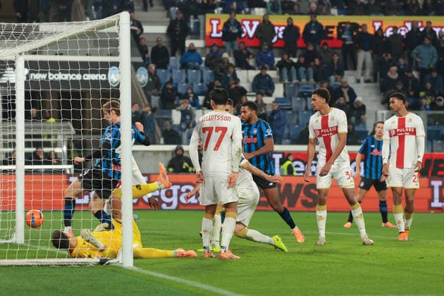 Bergamo, Italy, 3rd December 2025. Honest Ahanor of Atalanta scores with a header to give the hosts a 4-0 lead during the Atalanta vs Genoa Coppa Italia match at New Balance Arena, Bergamo. Picture credit should read: Jonathan Moscrop Sportimage EDITORIAL USE ONLY. No use with unauthorised audio, video, data, fixture lists, club league logos or live services. Online in-match use limited to 120 images, no video emulation. No use in betting, games or single club league player publications. SPI_099_JM_ATALANTA_GENOA_CI SPI-4320-0099