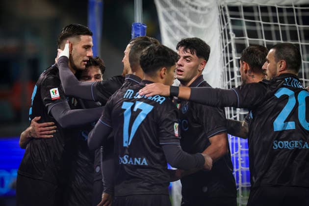 Napoli™s Lorenzo Lucca celebrates after scoring goal 1-0 during the round of 16 Frecciarossa Italian Cup 2025 2026 soccer match between Napoli and Cagliari at Maradona Stadium in Naples, south Italy - December 3, 2025. - Soccer  Copyright: xAlessandroxGarofalo LaPressex