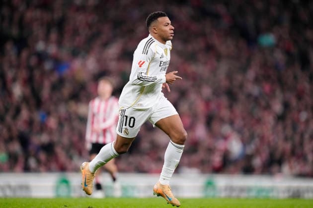 Athletic Club v Real Madrid CF - LaLiga EA Sports Kylian Mbappe centre-forward of Real Madrid and France celebrates after scoring his sides first goal during the La Liga EA Sports match between Athletic Club and Real Madrid CF at Estadio de San Mames on December 3, 2025 in Bilbao, Spain. Bilbao Basque Country Spain  Copyright: xJosexBretonx originalFilename:bretonhernandez-athletic251203_npoBw.jpg