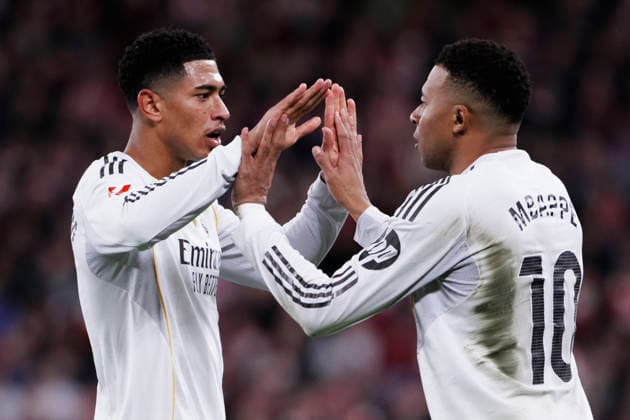 LA LIGA EA Sports -Athletic Club vs Real Madrid BILBAO, SPAIN - December 3:Jude Bellingham of Real Madrid and Kylian Mbappe of Real Madrid celebrates a goal during the La Liga 2025 26 match between Athletic Club and Real Madrid at San Mames Stadium. (Photo by Guille Martinez f22photo) Bilbao San Mames Stadium Spain Copyright: xGuillermoxMartinezx