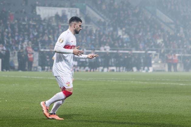 DFB Pokal, VfL Bochum - VfB Stuttgart; 03.12.2025 Jubel zum 0:2 durch Deniz Undav (VfB Stuttgart, 26) DFB Pokal Achtelfinale, VfL Bochum - VfB Stuttgart, VONONVIA Ruhrstadion am 03.12.2025 DFB REGULATIONS PROHIBIT ANY USE OF PHOTOGRAPHS AS IMAGE SEQUENCES AND OR QUASI-VIDEO. Copyright: xBEAUTIFULxSPORTS Wunderlx