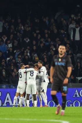 Cagliari s Sebastiano Esposito celebrates after scoring goal 1-1 during the round of 16 Frecciarossa Italian Cup 2025 2026 soccer match between Napoli and Cagliari at Maradona Stadium in Naples, south Italy - December 3, 2025. - Soccer  Copyright: xAlessandroxGarofalo LaPressex