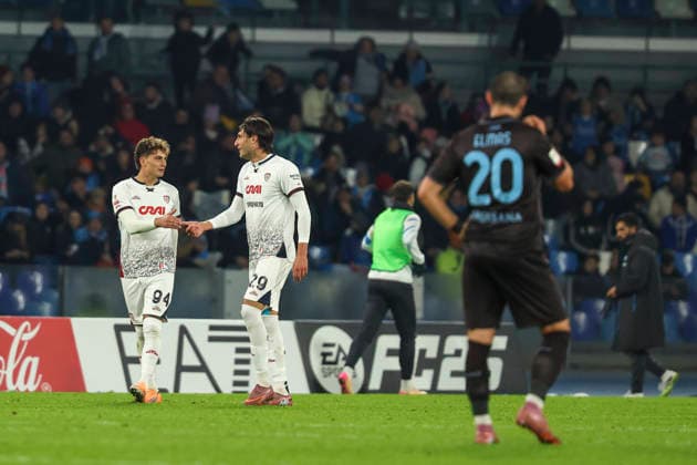 Cagliari s Sebastiano Esposito celebrates after scoring goal 1-1 during the round of 16 Frecciarossa Italian Cup 2025 2026 soccer match between Napoli and Cagliari at Maradona Stadium in Naples, south Italy - December 3, 2025. - Soccer  Copyright: xAlessandroxGarofalo LaPressex