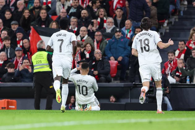 December 3, 2025, Bilbao, Vizcaya, Spain: Kylian Mbappe of Real Madrid CF celebrates a goal during the Spanish League, LaLiga EA Sports, football match played between Athletic Club de Bilbao and Real Madrid at San Mames stadium on December 03, 2025 in Bilbao, Spain. Bilbao Spain - ZUMAa181 20251203_zaa_a181_020 Copyright: xIrinaxR.xHipolitox