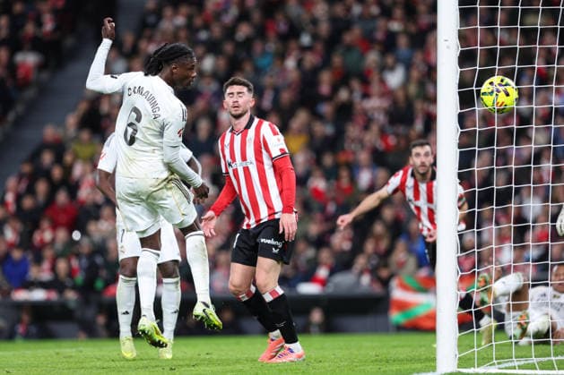 December 3, 2025, Bilbao, Vizcaya, Spain: Eduardo Camavinga of Real Madrid CF scoring a goal during the Spanish League, LaLiga EA Sports, football match played between Athletic Club de Bilbao and Real Madrid at San Mames stadium on December 03, 2025 in Bilbao, Spain. Bilbao Spain - ZUMAa181 20251203_zaa_a181_065 Copyright: xIrinaxR.xHipolitox