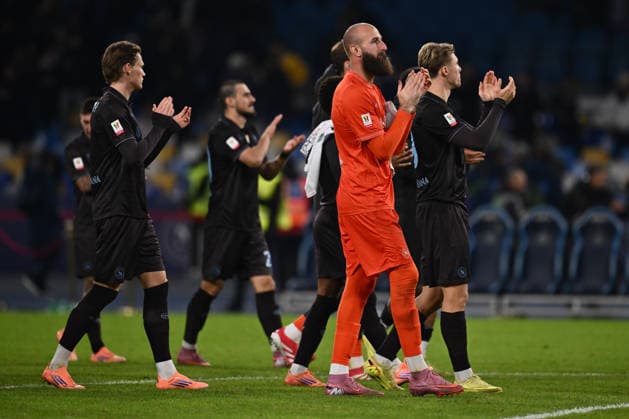 S.S.C. Napoli players celebrate the victory during the round of 16 of the Coppa Italia Frecciarossa between S.S.C. Napoli and Cagliari Calcio at the Diego Armando Maradona Stadium on December 3, 2025 in Naples, Italy.  Copyright: xDomenicoxCippitelli IPAxSportx xipa-agency.netx xx IPA_68699260 IPA_Agency_IPA68699260