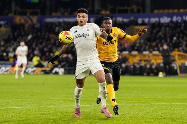Wolverhampton, England, 3rd December 2025. Igor Jesus of Nottingham Forest controls the ball under pressure from Yerson Mosquera of Wolverhampton Wanderers during the Wolverhampton Wanderers vs Nottingham Forest Premier League match at Molineux, Wolverhampton. Picture credit should read: Andrew Yates Sportimage EDITORIAL USE ONLY. No use with unauthorised audio, video, data, fixture lists, club league logos or live services. Online in-match use limited to 120 images, no video emulation. No use in betting, games or single club league player publications. SPI_031_AY_WOL_vs_NFO SPI-4341-0031
