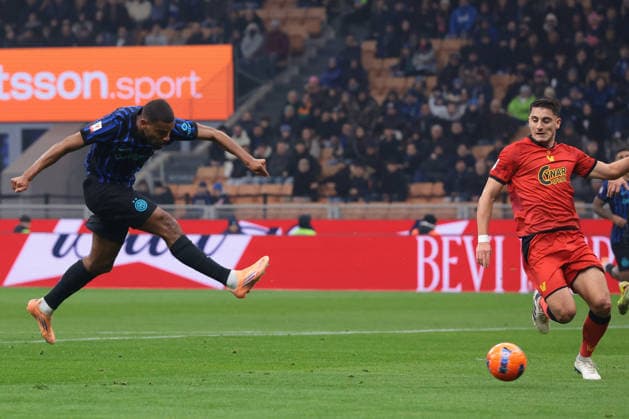 Milan, Italy, 3rd December 2025. Andy Diouf of FC Internazionale scores to give the side a 1-0 lead during the Internazionale vs Venezia Coppa Italia match at Giuseppe Meazza, Milan. Picture credit should read: Jonathan Moscrop Sportimage EDITORIAL USE ONLY. No use with unauthorised audio, video, data, fixture lists, club league logos or live services. Online in-match use limited to 120 images, no video emulation. No use in betting, games or single club league player publications. SPI_010_JM_INTER_VENEZIA_CI SPI-4321-0010