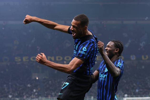 Milan, Italy, 3rd December 2025. Andy Diouf of FC Internazionale celebrates with team mates after scoring to give the hosts a 1-0 lead during the Internazionale vs Venezia Coppa Italia match at Giuseppe Meazza, Milan. Picture credit should read: Jonathan Moscrop Sportimage EDITORIAL USE ONLY. No use with unauthorised audio, video, data, fixture lists, club league logos or live services. Online in-match use limited to 120 images, no video emulation. No use in betting, games or single club league player publications. SPI_018_JM_INTER_VENEZIA_CI SPI-4321-0018