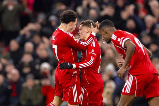 Football - FA Premier League - Liverpool FC v Sunderland AFC LIVERPOOL, ENGLAND - Wednesday, December 3, 2025: Liverpool s Florian Wirtz celebrates with team-mate Curtis Jones (L) after scoring Liverpool s first and equalising goal during the FA Premier League match between Liverpool FC and Sunderland AFC at Anfield. (Photo by David Rawcliffe Propaganda) LIVERPOOL Anfield MERSEYSIDE ENGLAND  Copyright: xDavidxRawcliffex P2025-12-03-Liverpool_Sunderland-90