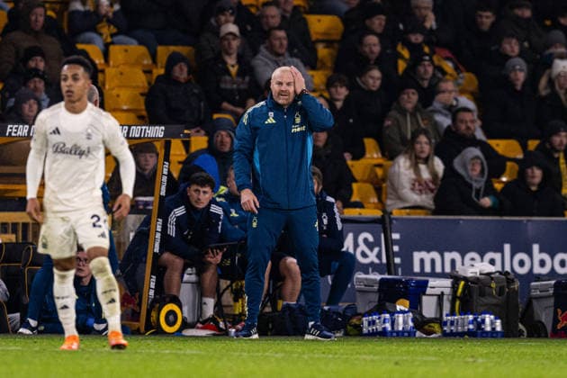 3rd December 2025; Molineux Stadium, Wolverhampton, West Midlands, England; Premier League Football, Wolverhampton Wanderers versus Nottingham Forest; Nottingham Forest Head Coach Sean Dyche holds his head as he watches play  GodfreyxPitt