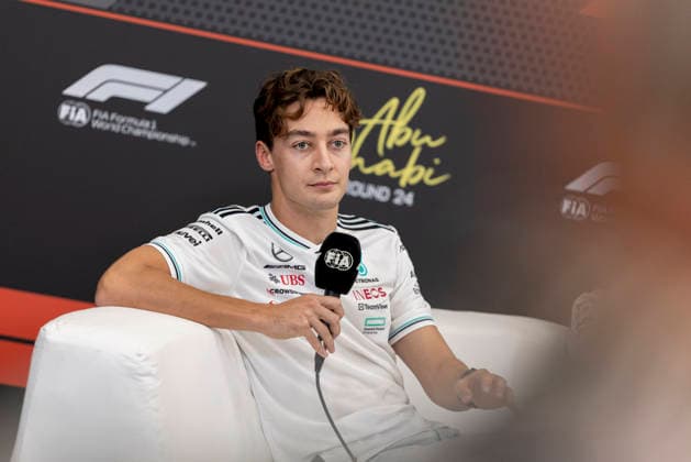 Formula 1 Etihad Airways Abu Dhabi Grand Prix 2025 Alexis Perrin OVERTAKE MAXPPP - Abu Dhabi 04 12 2025 63 RUSSELL George (gbr), Mercedes AMG Petronas, portrait press conference, PK, Pressekonferenz at the Formula 1 Etihad Airways Abu Dhabi Grand Prix 2025, the 24th round of the 2025 FIA Formula 1 World Championship, WM, Weltmeisterschaft at Yas Marina Circuit in Abu Dhabi, United Arab Emirates, from 4 to 7 December 2025 Abu Dhabi Yas Marina Circuit United Arab Emirates  Copyright: xOVERTAKE MAXPPPxAlexisxPerrinx OVT202512041029 OVT202512041029