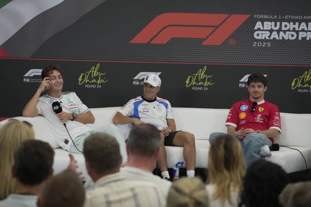 Formula 1 Etihad Airways Abu Dhabi Grand Prix 2025 04.12.2025, Yas Marina Circuit, Abu Dhabi, Formula 1 Etihad Airways Abu Dhabi Grand Prix 2025 , im Bild George Russell (GBR), Mercedes-AMG Petronas Formula One Team, Isack Hadjar (FRA), Visa Cash App RB Formula One Team, Charles Leclerc (MCO), Scuderia Ferrari HP