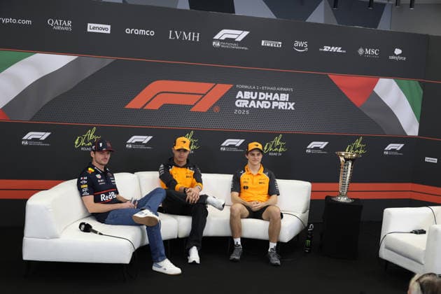 04.12.2025, Yas Marina Circuit, Abu Dhabi, Formula 1 Etihad Airways Abu Dhabi Grand Prix 2025 , im Bild Charles Leclerc (MCO), Scuderia Ferrari HPMax Verstappen (NLD), Oracle Red Bull Racing, Lando Norris (GBR), McLaren F1 Team, Oscar Piastri (AUS) (Photo by Alessandro Martellotta Hasan Bratic DeFodi Images)